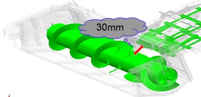 1过桥输送链与喂入搅龙叶片距离由45mm减小至30mm，提高过桥抓取能力，割台系统喂入更顺畅.jpg
