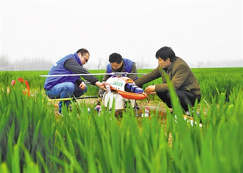 在河南省信阳市平桥区龙井乡，工作人员准备用植保无人机为小麦喷洒农药，防治病虫害。.jpg