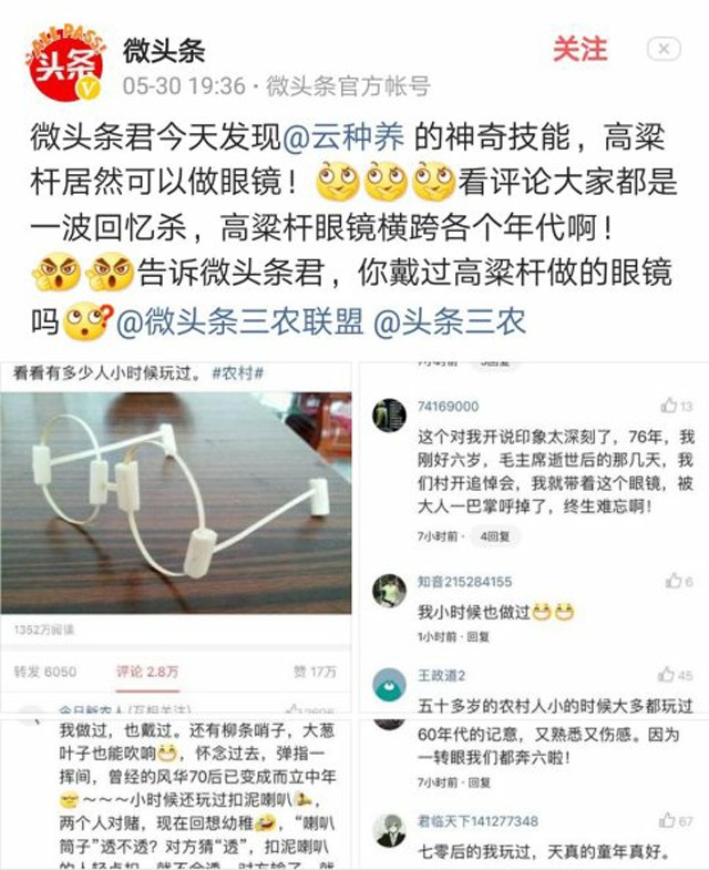 “高粱眼镜”你做过吗？云种养一张图片引起数万人回忆！